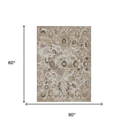 5' X 8' Beige And Brown Floral Washable Indoor Outdoor Area Rug HomeRoots