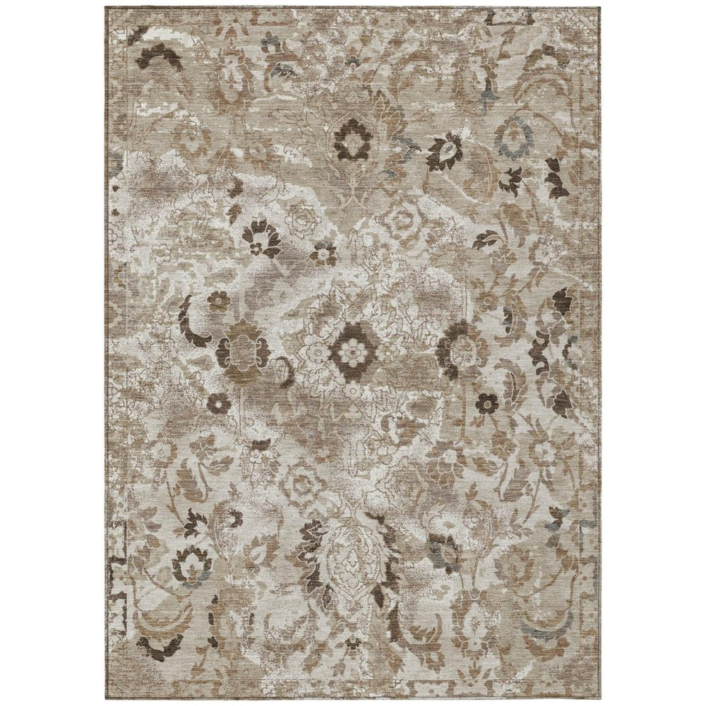 5' X 8' Beige And Brown Floral Washable Indoor Outdoor Area Rug — view 1