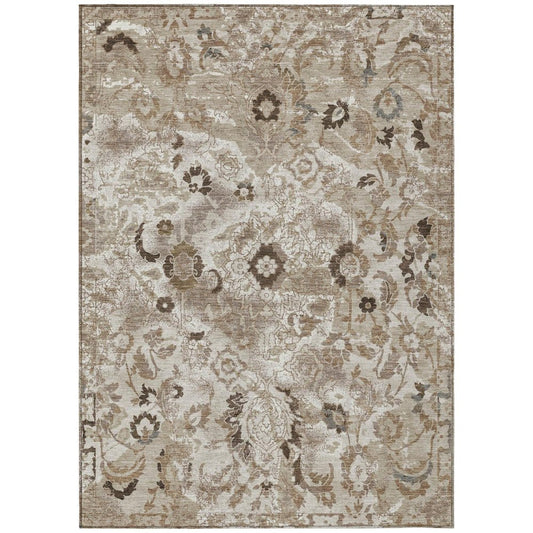 5' X 8' Beige And Brown Floral Washable Indoor Outdoor Area Rug