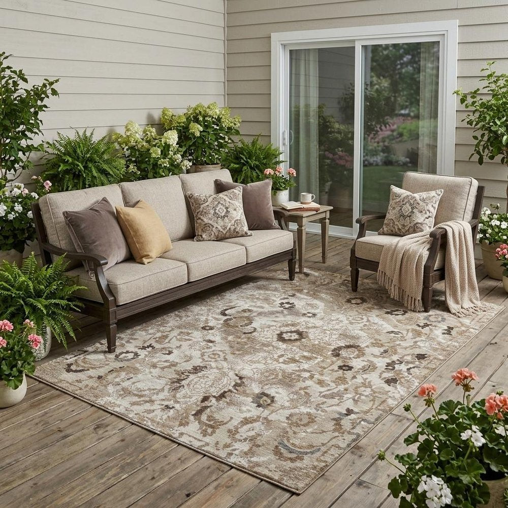 5' X 8' Beige And Brown Floral Washable Indoor Outdoor Area Rug — view 5