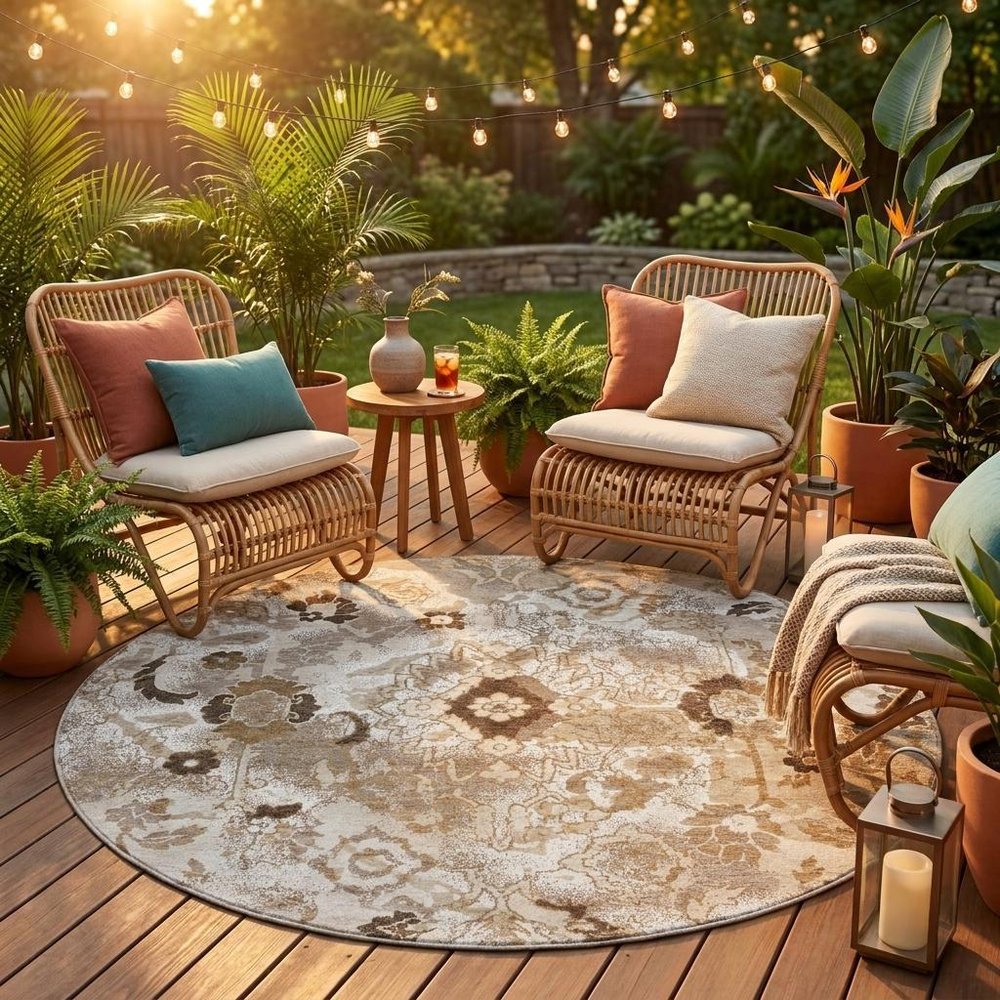 8' Beige And Brown Round Floral Washable Indoor Outdoor Area Rug HomeRoots