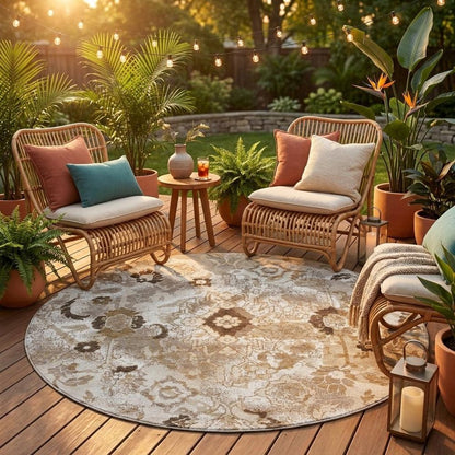 8' Beige And Brown Round Floral Washable Indoor Outdoor Area Rug HomeRoots