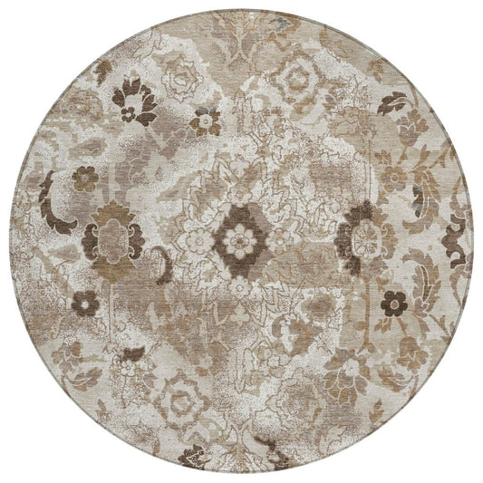 8' Beige And Brown Round Floral Washable Indoor Outdoor Area Rug