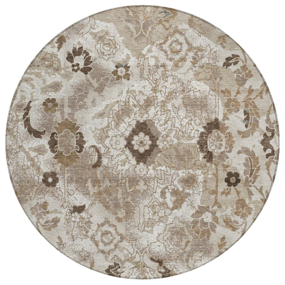 8' Beige And Brown Round Floral Washable Indoor Outdoor Area Rug HomeRoots