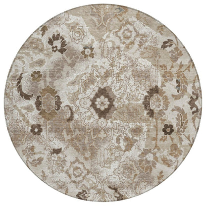 8' Beige And Brown Round Floral Washable Indoor Outdoor Area Rug HomeRoots