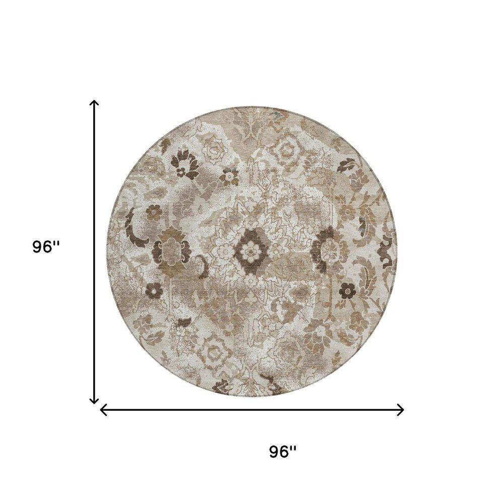 8' Beige And Brown Round Floral Washable Indoor Outdoor Area Rug HomeRoots