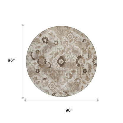 8' Beige And Brown Round Floral Washable Indoor Outdoor Area Rug HomeRoots