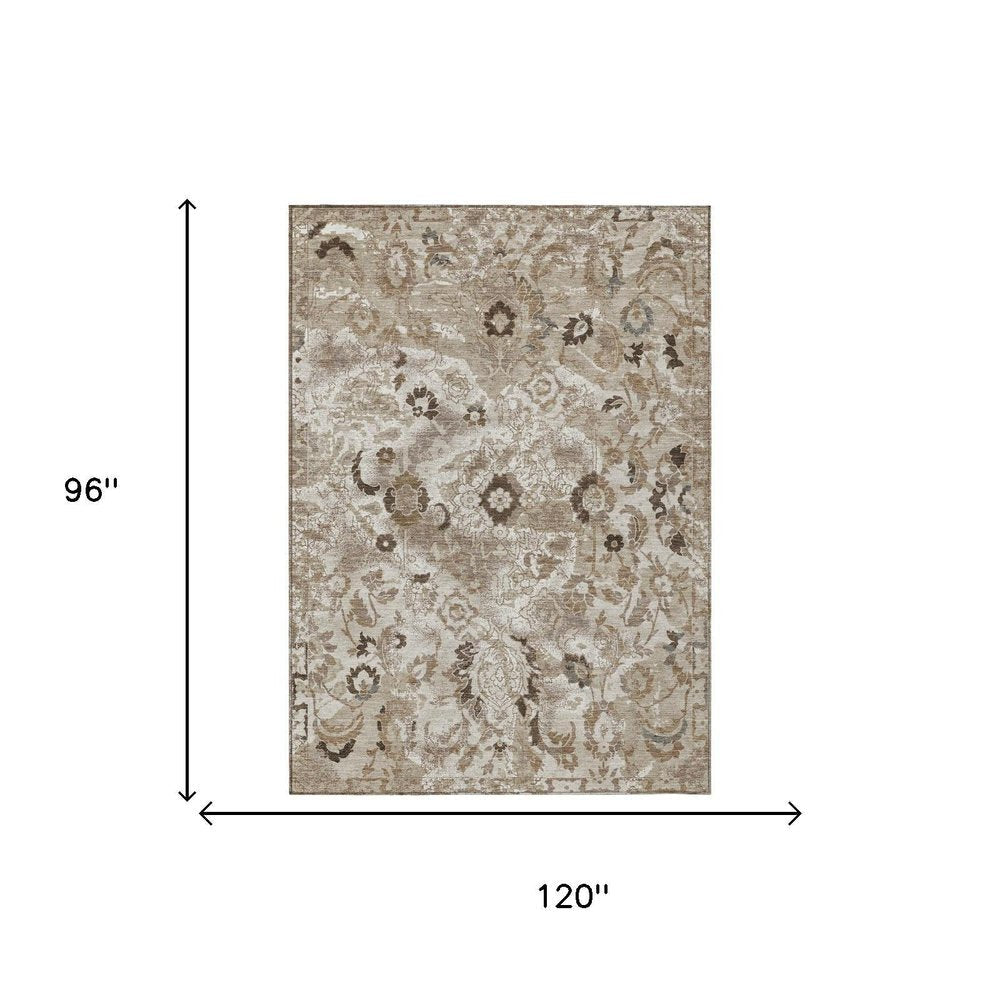 8' X 10' Beige And Brown Floral Washable Indoor Outdoor Area Rug — view 4