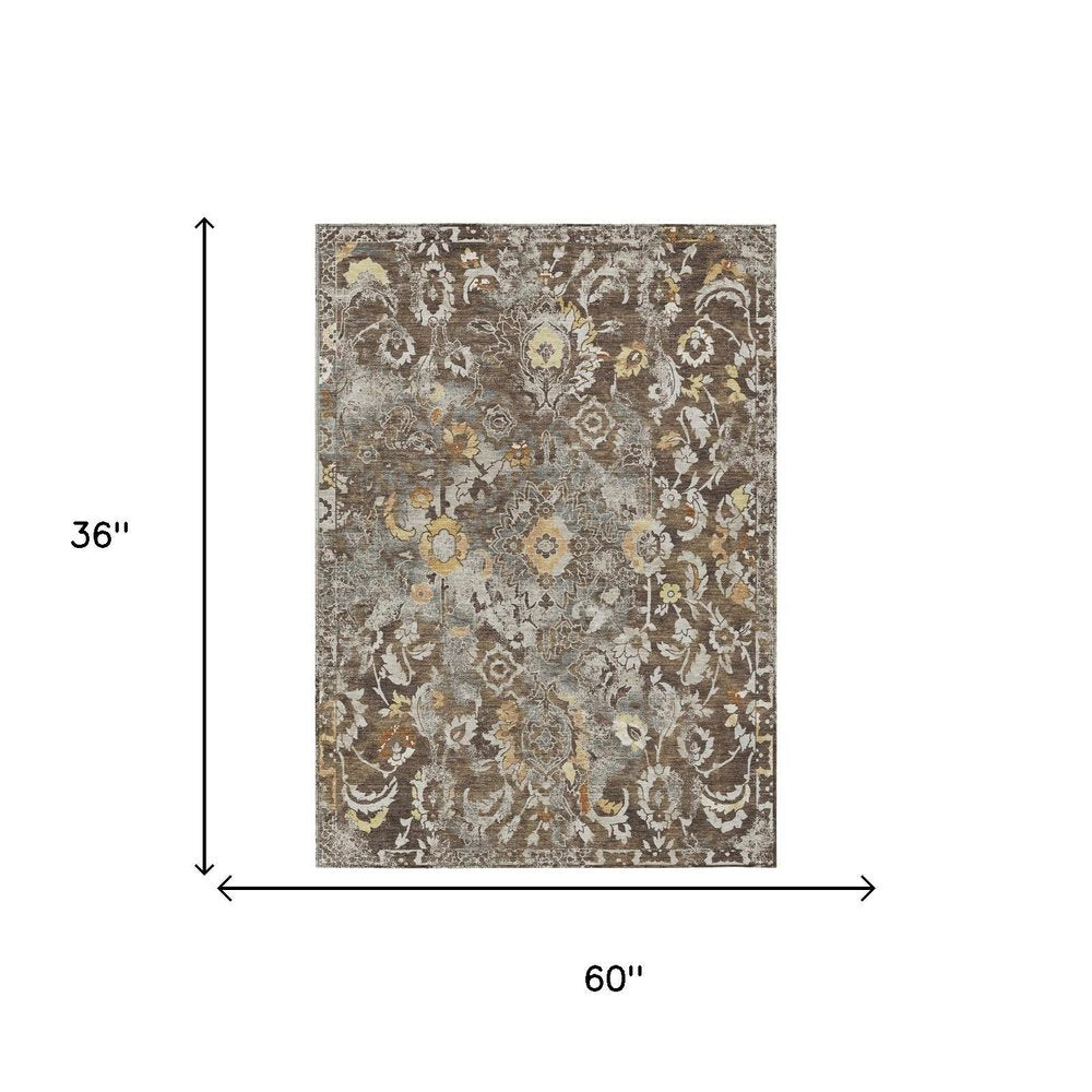 3' X 5' Brown And Coffee Floral Washable Indoor Outdoor Area Rug — view 4