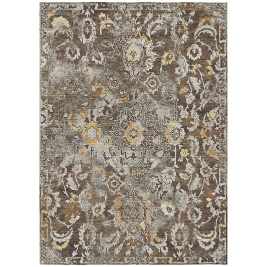 3' X 5' Brown And Coffee Floral Washable Indoor Outdoor Area Rug