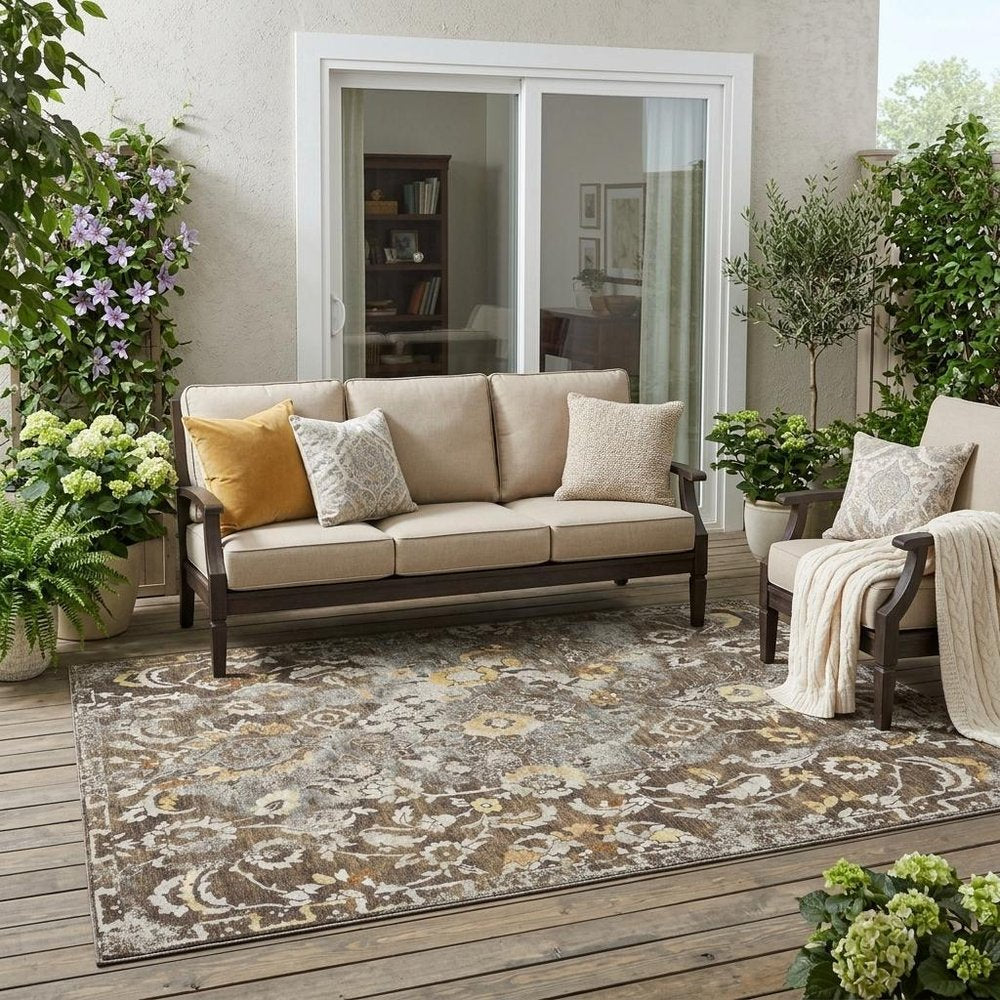 5' X 8' Brown And Coffee Floral Washable Indoor Outdoor Area Rug HomeRoots
