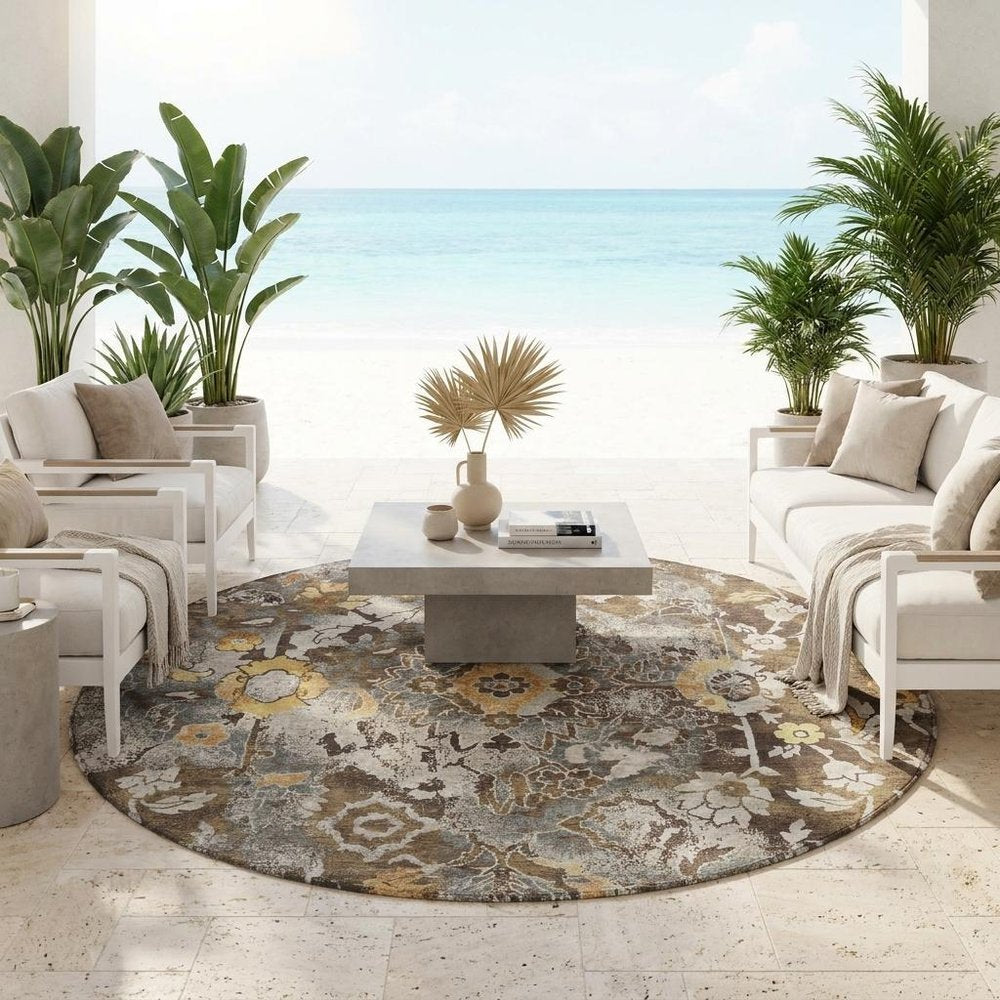 8' Brown And Coffee Round Floral Washable Indoor Outdoor Area Rug HomeRoots