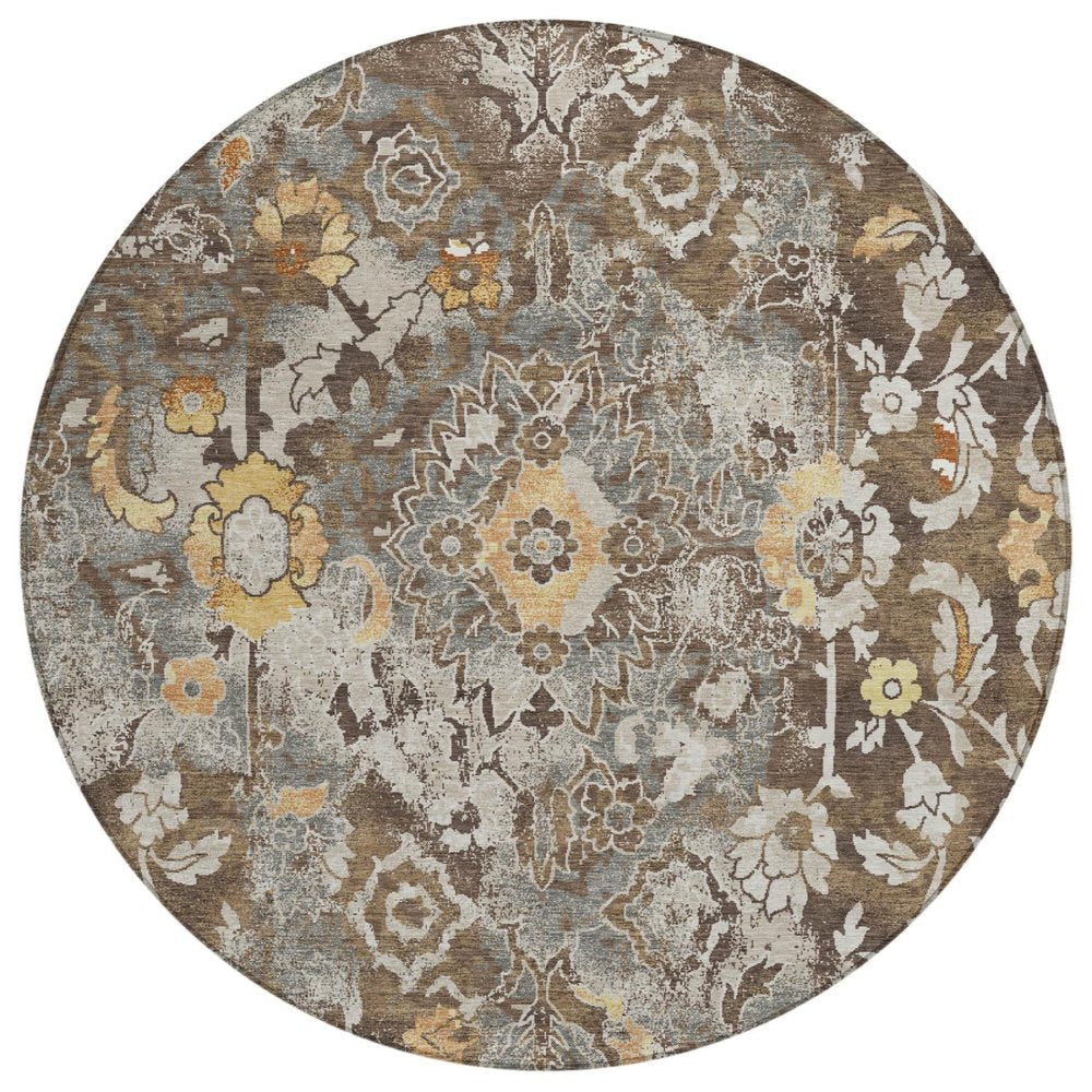 8' Brown And Coffee Round Floral Washable Indoor Outdoor Area Rug — view 1
