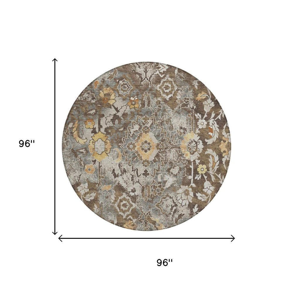 8' Brown And Coffee Round Floral Washable Indoor Outdoor Area Rug HomeRoots