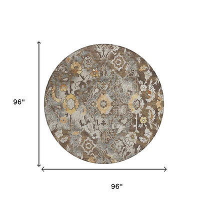 8' Brown And Coffee Round Floral Washable Indoor Outdoor Area Rug HomeRoots