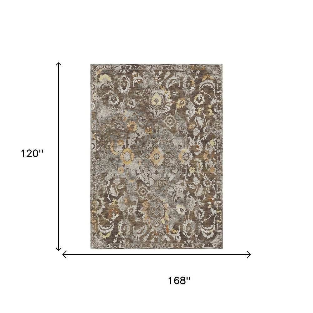 10' X 14' Brown And Coffee Floral Washable Indoor Outdoor Area Rug — view 4