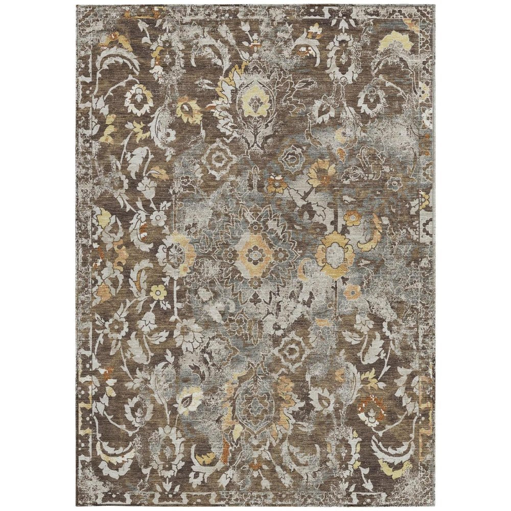 10' X 14' Brown And Coffee Floral Washable Indoor Outdoor Area Rug — view 8