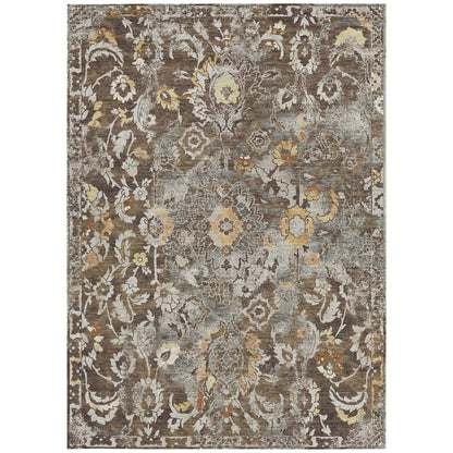 10' X 14' Brown And Coffee Floral Washable Indoor Outdoor Area Rug