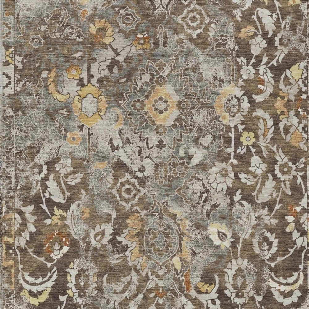 10' X 14' Brown And Coffee Floral Washable Indoor Outdoor Area Rug — view 9
