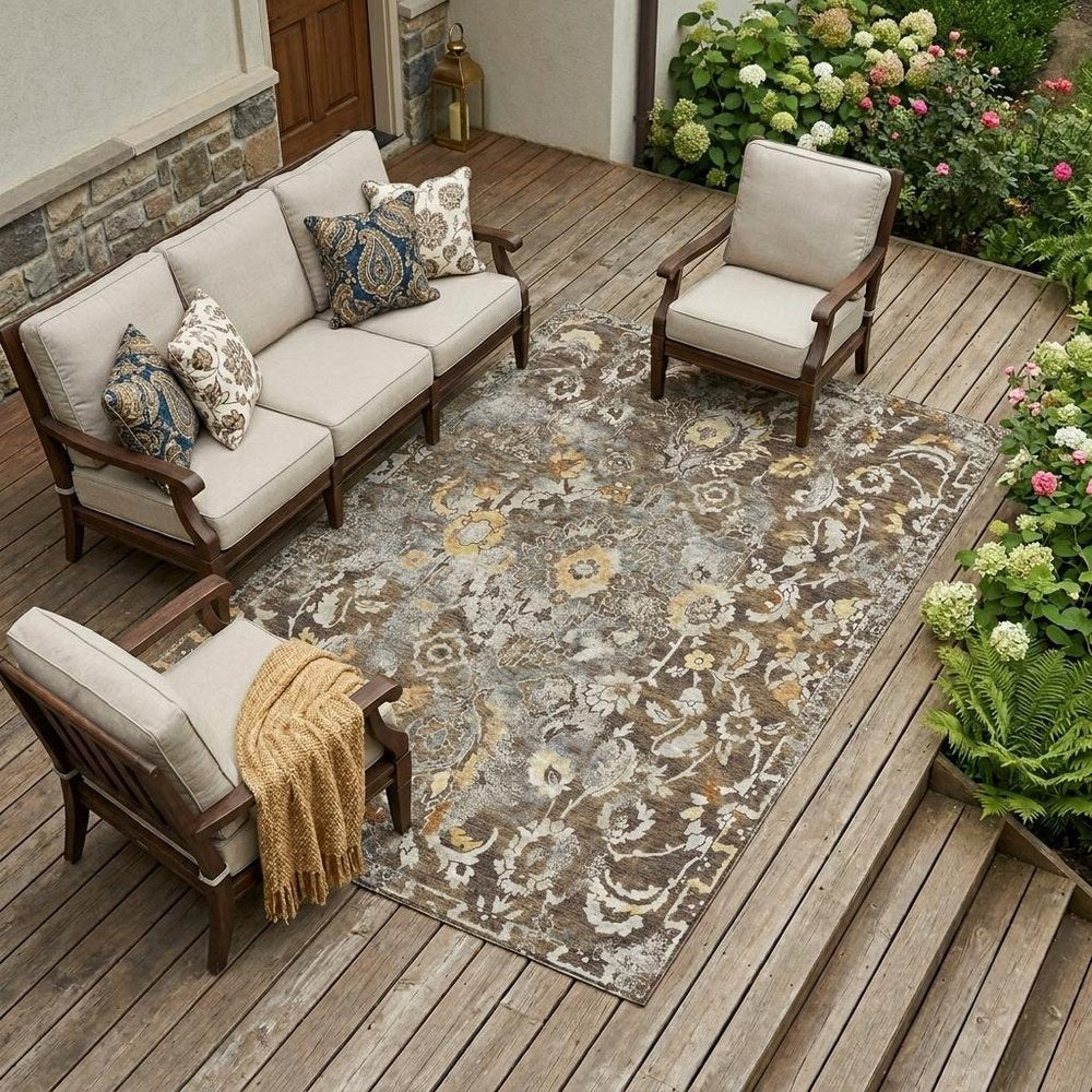 10' X 14' Brown And Coffee Floral Washable Indoor Outdoor Area Rug — view 6