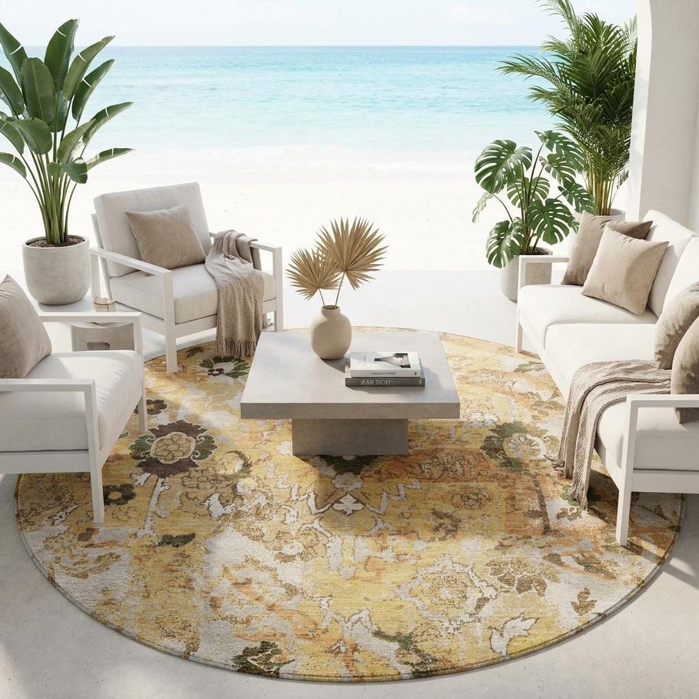 8' Copper And Orange Round Floral Washable Indoor Outdoor Area Rug — view 5
