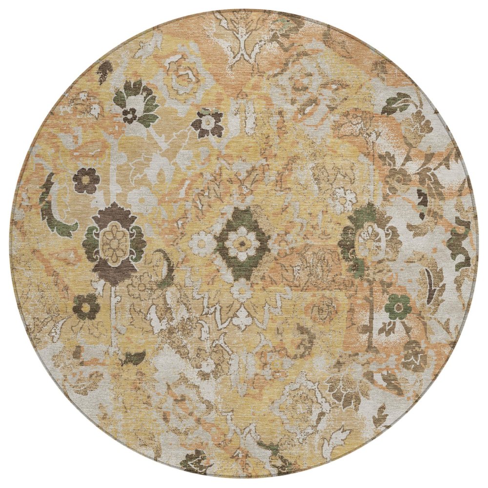 8' Copper And Orange Round Floral Washable Indoor Outdoor Area Rug — view 1