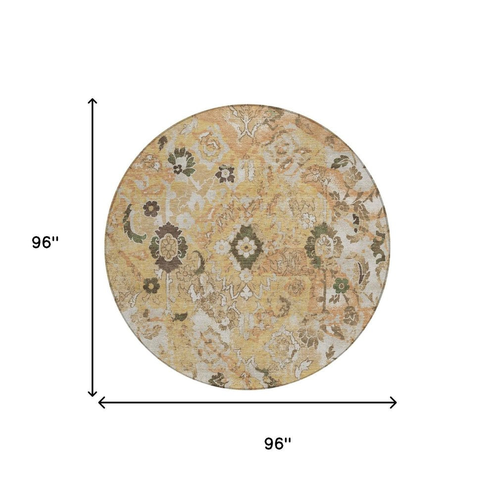 8' Copper And Orange Round Floral Washable Indoor Outdoor Area Rug HomeRoots