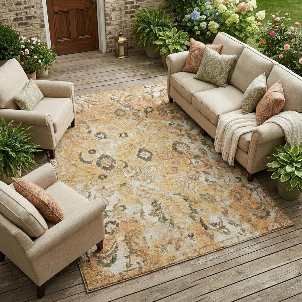 10' X 14' Copper And Orange Floral Washable Indoor Outdoor Area Rug HomeRoots