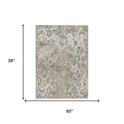 3' X 5' Ivory And Pewter Floral Washable Indoor Outdoor Area Rug HomeRoots