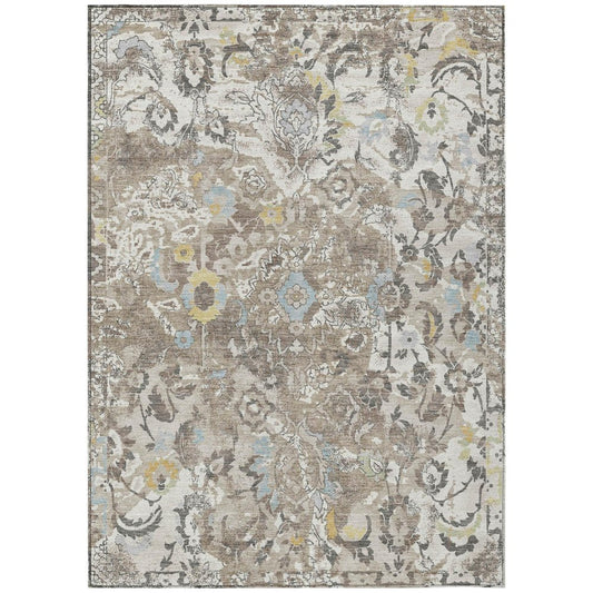 3' X 5' Ivory And Pewter Floral Washable Indoor Outdoor Area Rug
