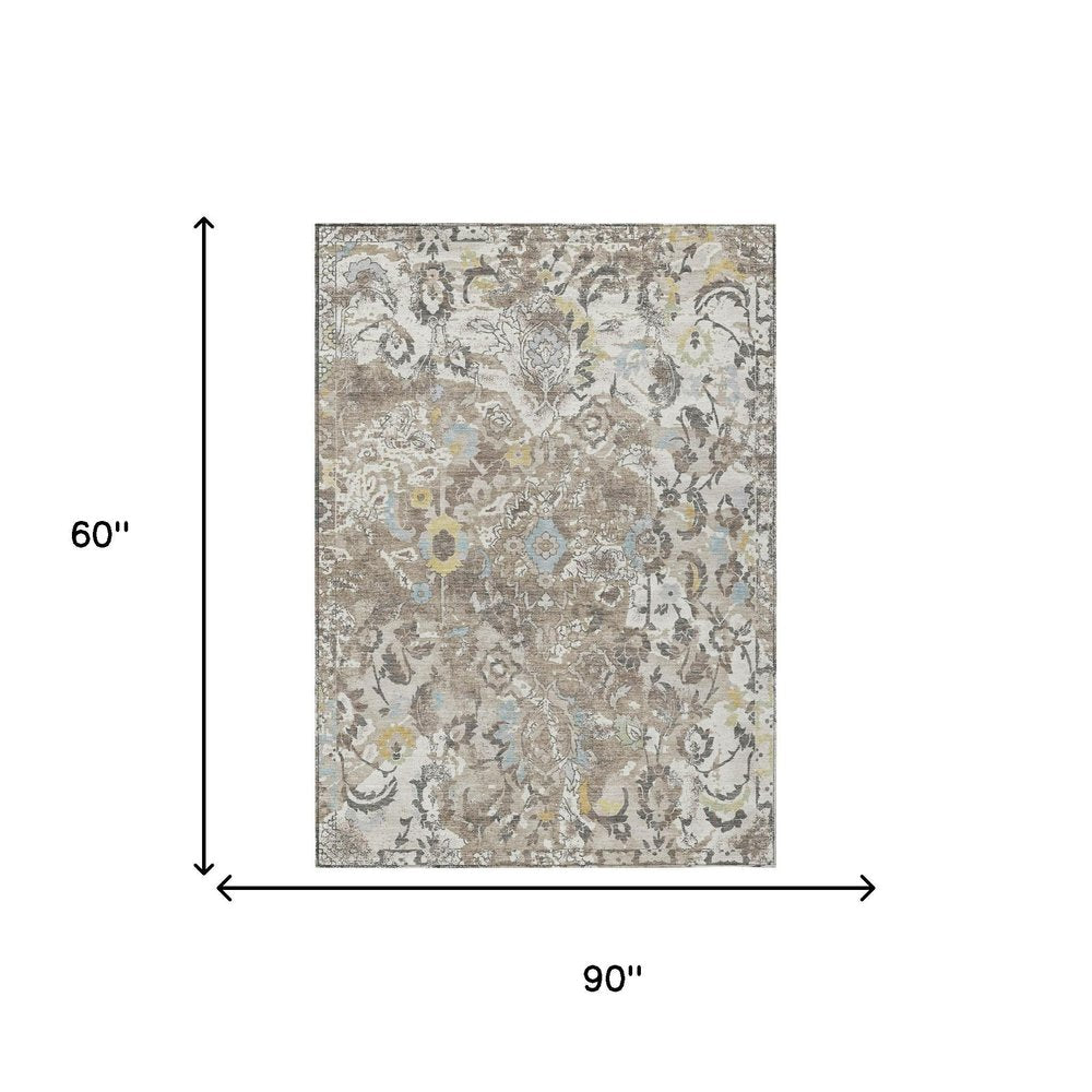 5' X 8' Ivory And Pewter Floral Washable Indoor Outdoor Area Rug — view 4