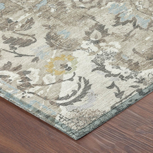 5' X 8' Ivory And Pewter Floral Washable Indoor Outdoor Area Rug