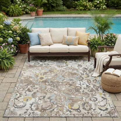 5' X 8' Ivory And Pewter Floral Washable Indoor Outdoor Area Rug HomeRoots