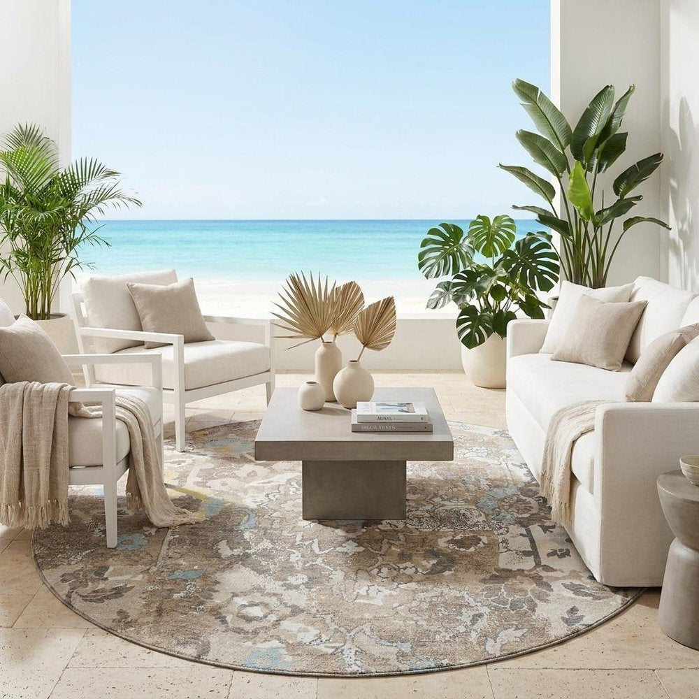 8' Ivory And Pewter Round Floral Washable Indoor Outdoor Area Rug — view 5