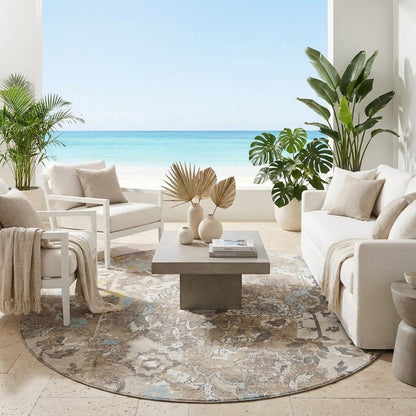 8' Ivory And Pewter Round Floral Washable Indoor Outdoor Area Rug HomeRoots
