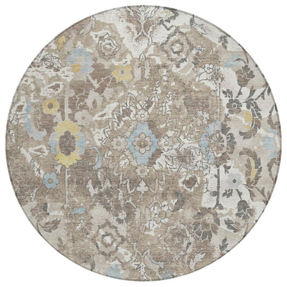 8' Ivory And Pewter Round Floral Washable Indoor Outdoor Area Rug HomeRoots