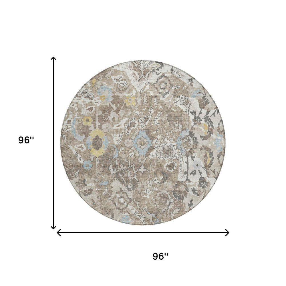 8' Ivory And Pewter Round Floral Washable Indoor Outdoor Area Rug — view 9