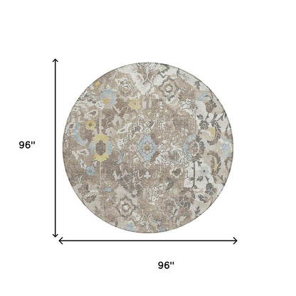 8' Ivory And Pewter Round Floral Washable Indoor Outdoor Area Rug HomeRoots