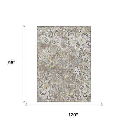 8' X 10' Ivory And Pewter Floral Washable Indoor Outdoor Area Rug