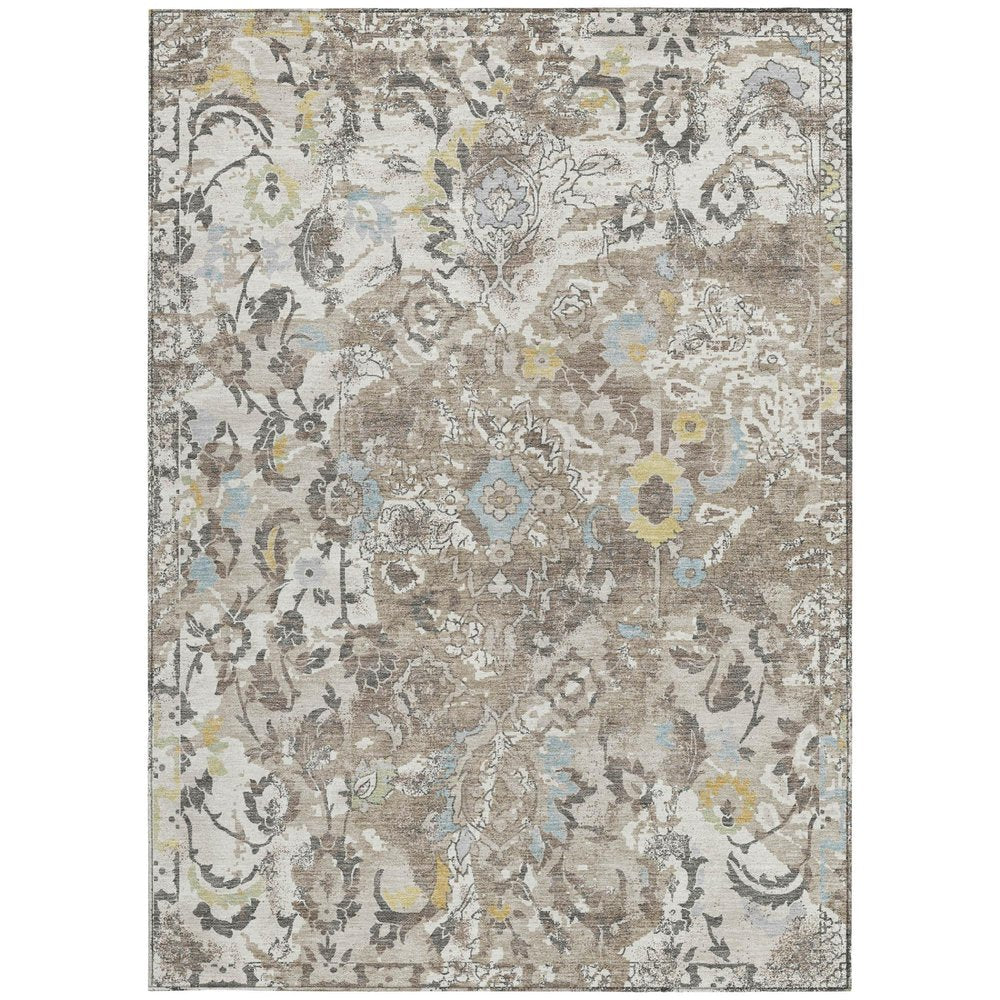 8' X 10' Ivory And Pewter Floral Washable Indoor Outdoor Area Rug