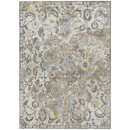 8' X 10' Ivory And Pewter Floral Washable Indoor Outdoor Area Rug
