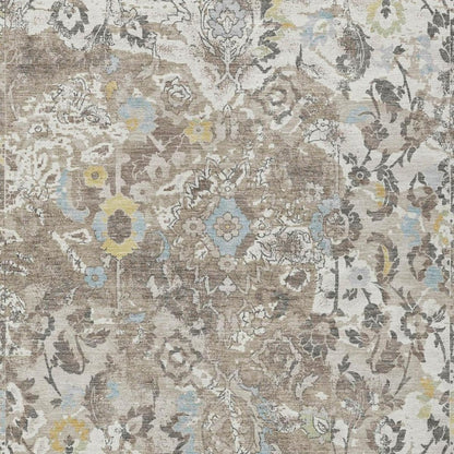 8' X 10' Ivory And Pewter Floral Washable Indoor Outdoor Area Rug