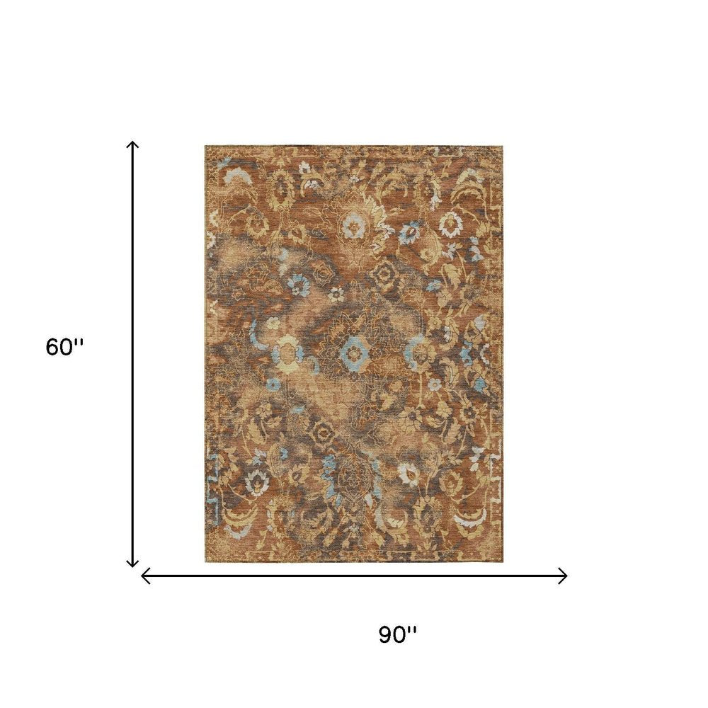 5' X 8' Orange And Rust Floral Washable Indoor Outdoor Area Rug