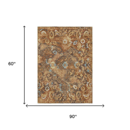 5' X 8' Orange And Rust Floral Washable Indoor Outdoor Area Rug HomeRoots