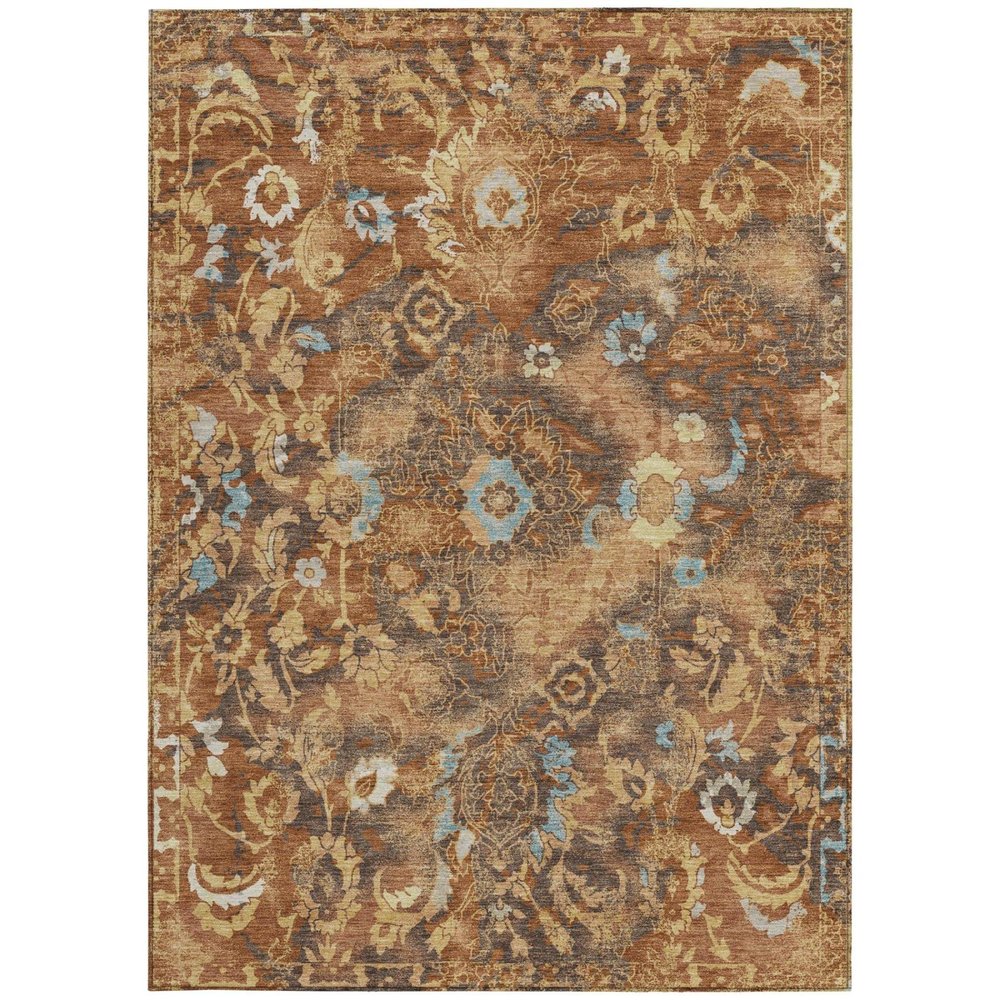 5' X 8' Orange And Rust Floral Washable Indoor Outdoor Area Rug