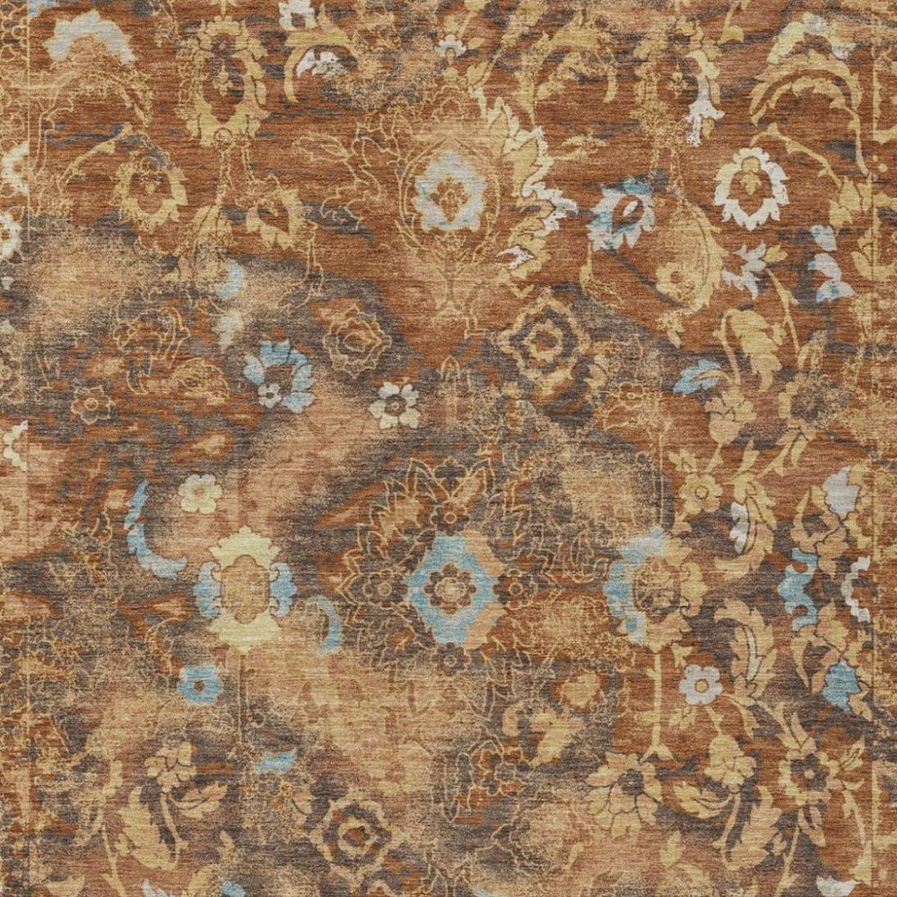 5' X 8' Orange And Rust Floral Washable Indoor Outdoor Area Rug