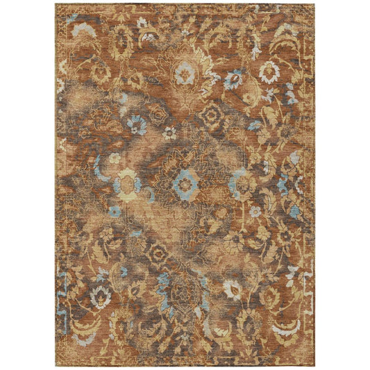 5' X 8' Orange And Rust Floral Washable Indoor Outdoor Area Rug