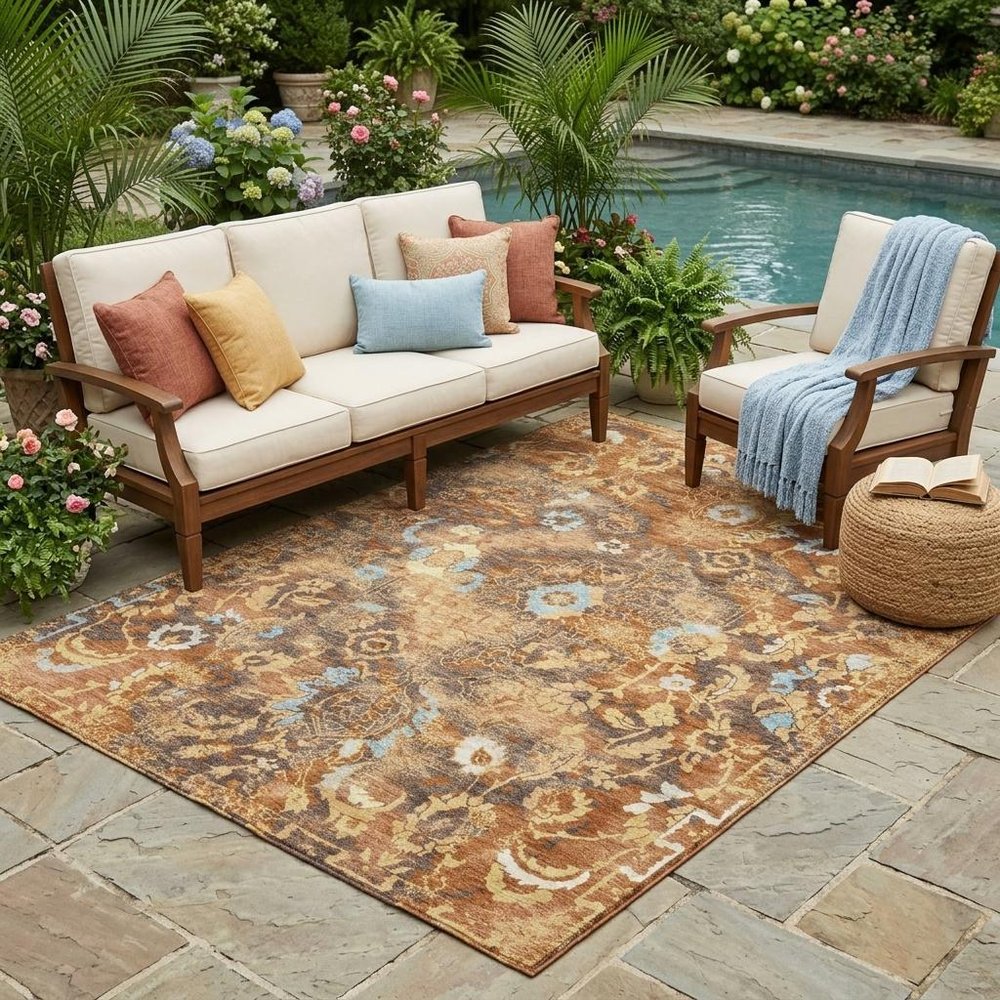 5' X 8' Orange And Rust Floral Washable Indoor Outdoor Area Rug — view 5