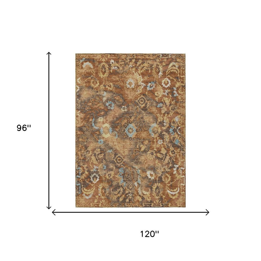 8' X 10' Orange And Rust Floral Washable Indoor Outdoor Area Rug — view 4