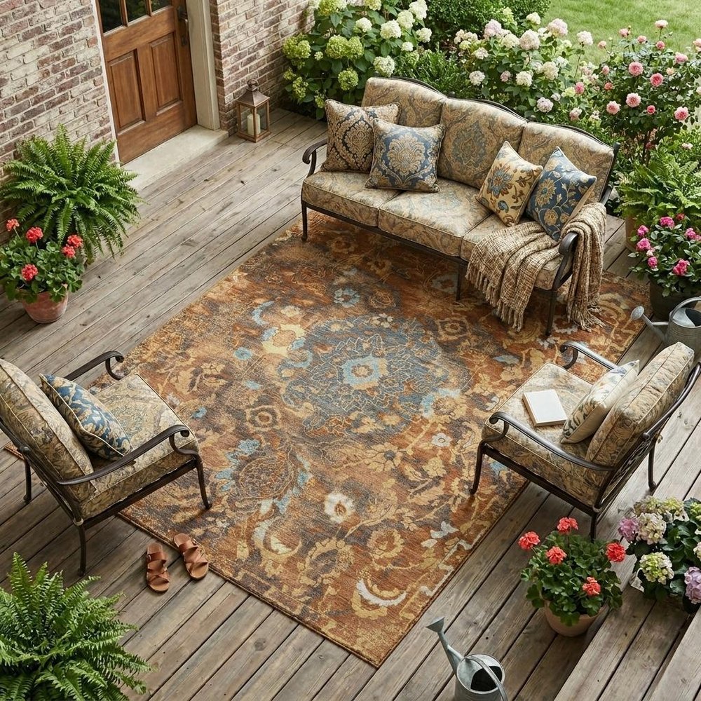 8' X 10' Orange And Rust Floral Washable Indoor Outdoor Area Rug